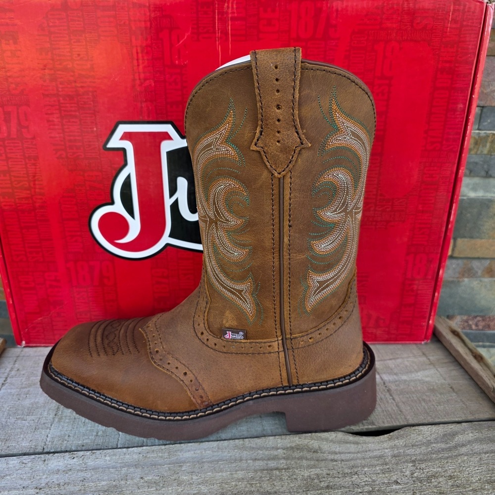 Justin Boots INJI Brown Water Buffalo Wide Square Toe Boots Size 6.5B GY9984 NEW - Picture 15 of 16